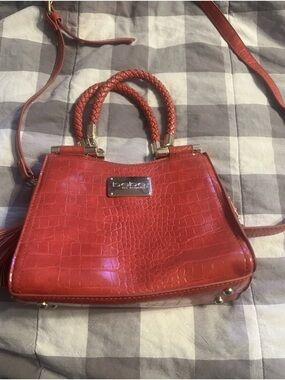bebe Red Croc-Embossed Braided-Handle Satchel
